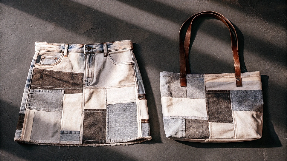 A stylish patchwork denim skirt and a matching tote bag displayed together.