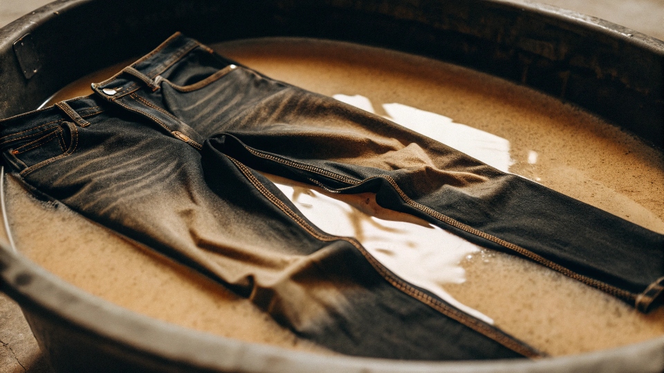 A pair of black jeans soaking in a dark basin filled with a coffee or tea solution.