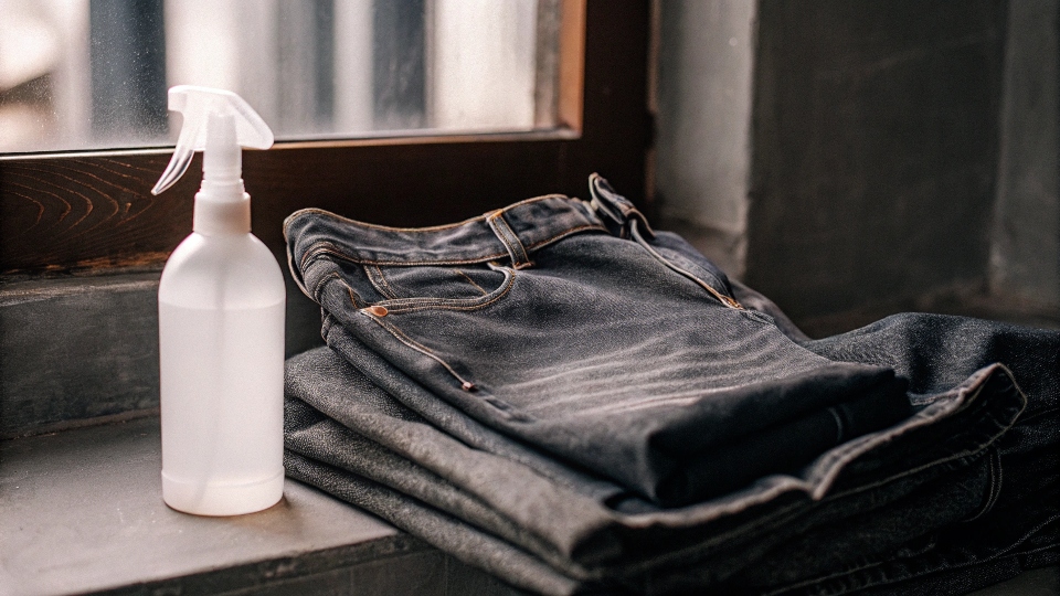 A bottle of white vinegar and a detergent for dark fabrics next to a pair of black jeans.