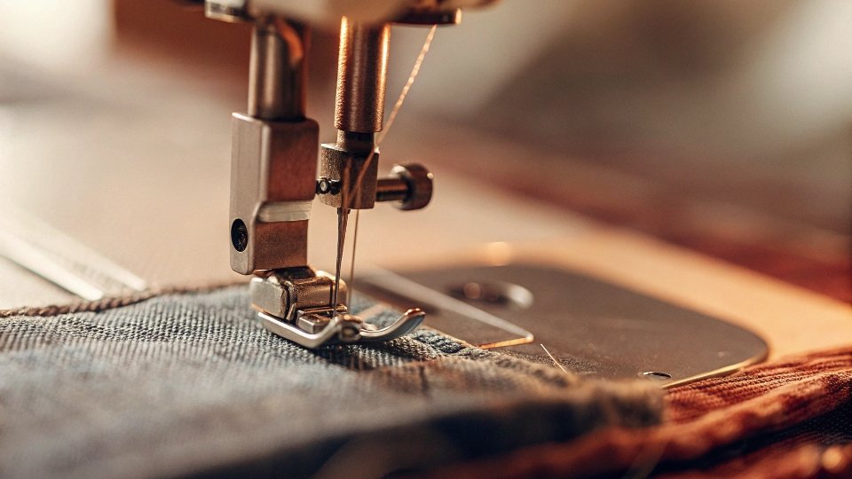 A close-up shot of a heavy-duty sewing machine's presser foot sewing a thick denim seam.