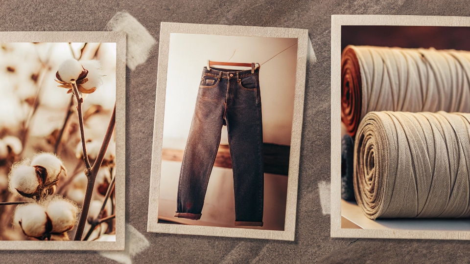 A visual flow chart showing a cotton plant evolving into cotton yarn, then into a roll of denim, and finally into a finished pair of jeans.