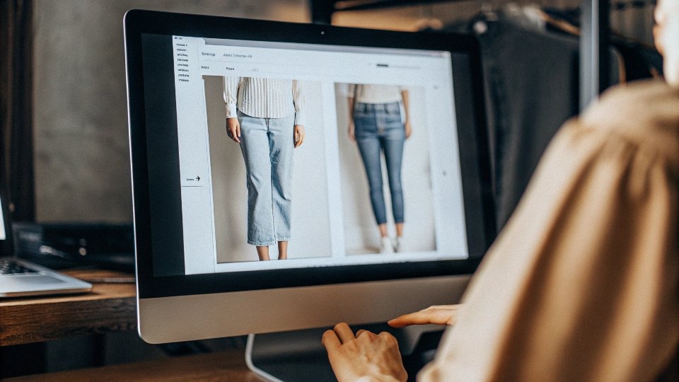 A person using a size chart on a website to choose the right fit for baggy jeans.