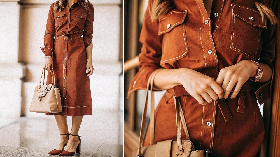 A woman wearing a dark, tailored denim shirtdress with elegant heels and a structured handbag.