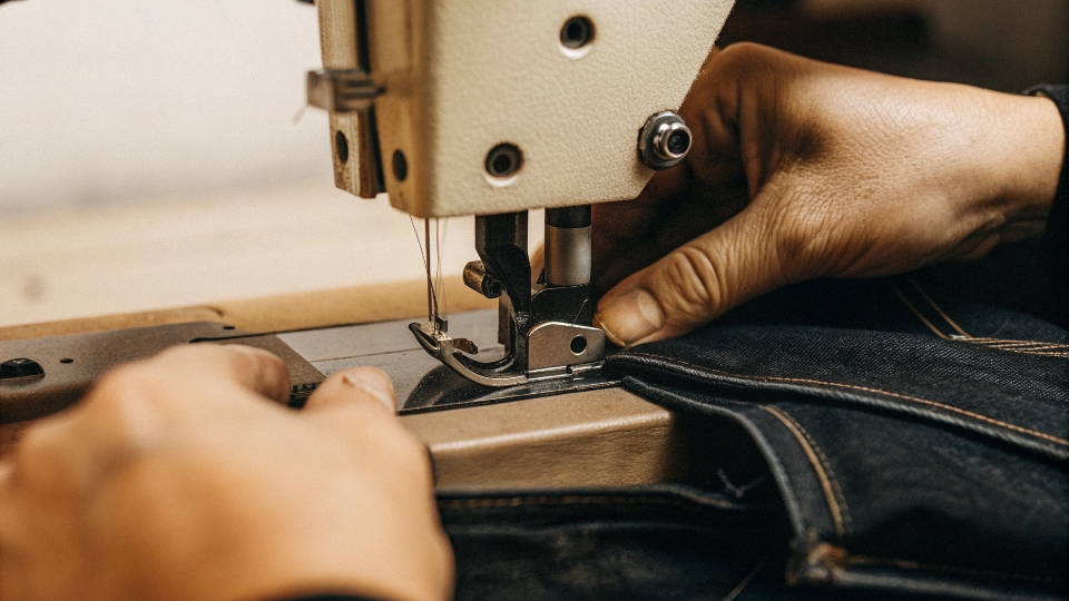 A close-up shot of a perfectly straight seam being sewn on a pair of jeans by a skilled worker