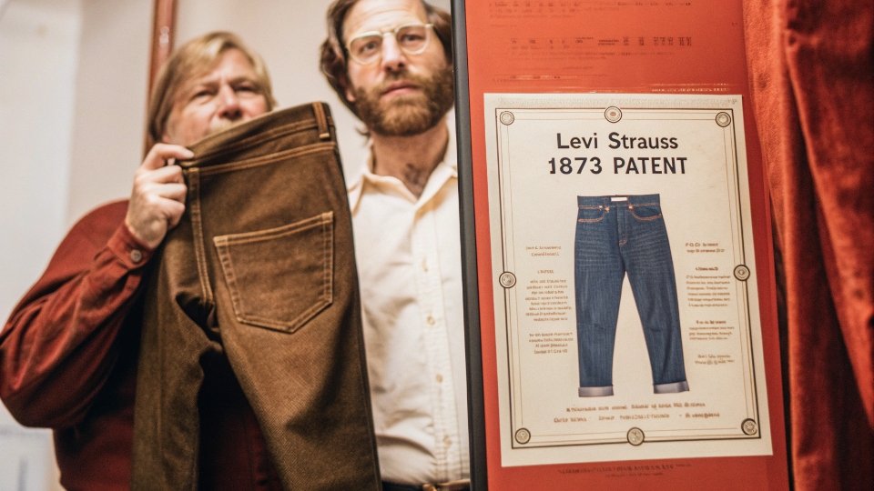 A portrait of Jacob Davis and Levi Strauss with an image of their 1873 patent filing