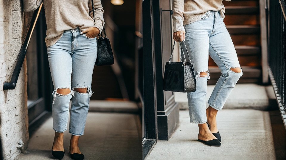 A chic woman in her 50s wearing subtly distressed jeans with a cashmere sweater and elegant flats