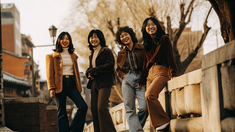 A vintage-style photo of young people in 1980s China wearing flared jeans