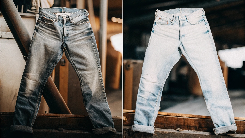 A split image: on the left, a pair of stiff new selvedge jeans; on the right, the same pair five years later, beautifully faded