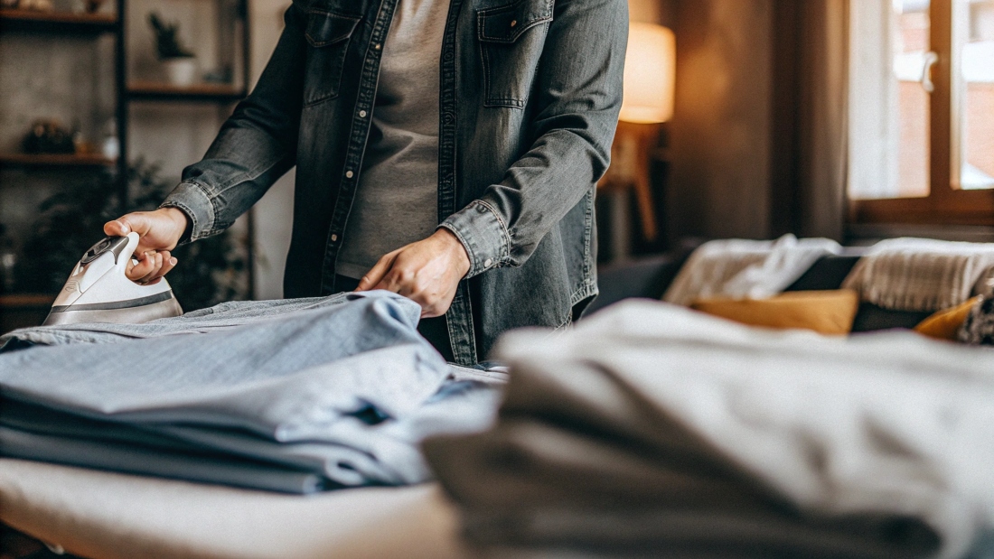 A person actively wearing a new denim jacket while doing household chores to break it in.