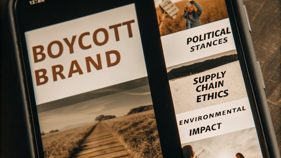 A smartphone screen showing social media posts with hashtags related to boycotting a brand