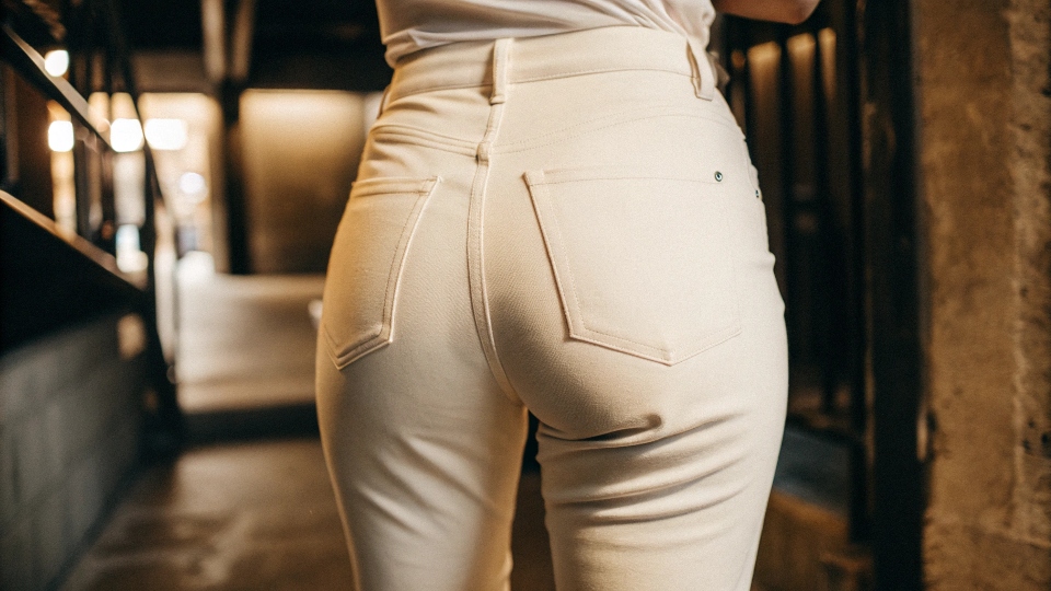 A person wearing a pair of classic, well-fitting Calvin Klein jeans in a minimalist urban setting