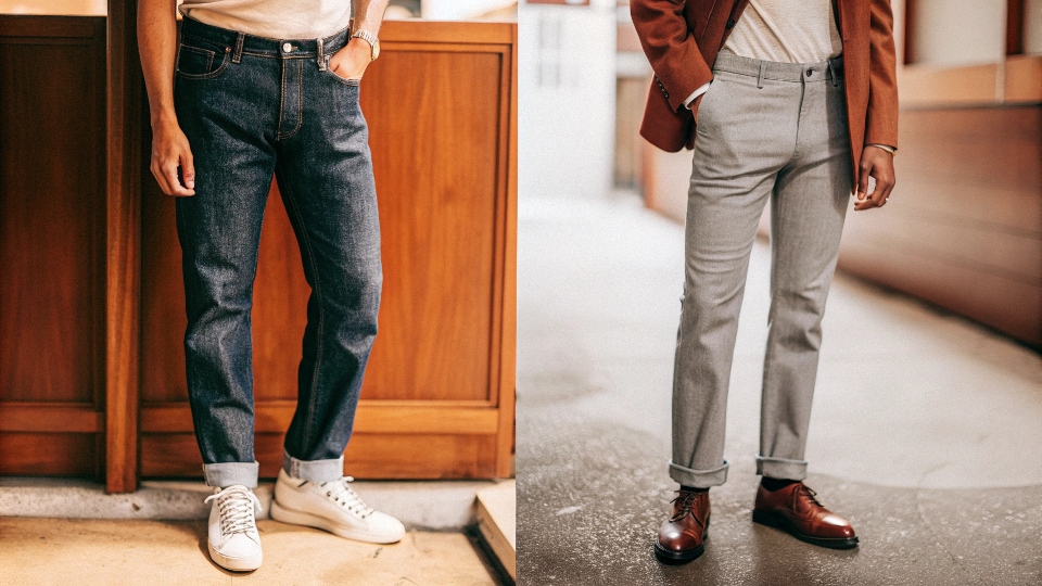 A split image showing the same person wearing jeans casually with a T-shirt and sneakers, and formally with a blazer and dress shoes.