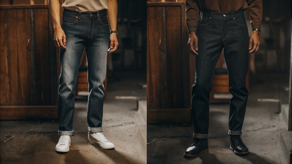 A split image showing the same person in jeans styled casually on the left and formally on the right