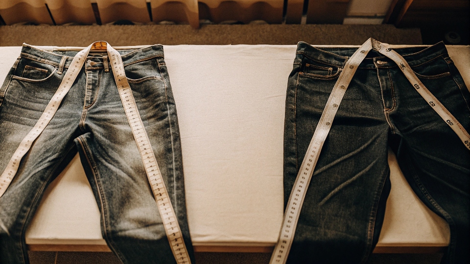 The Science Behind Denim Shrinkage A pair of jeans being measured before and after washing, showing visible shrinkage