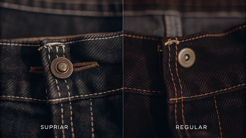 A close-up split-screen image showing the detailed stitching on a designer jean versus a regular jean