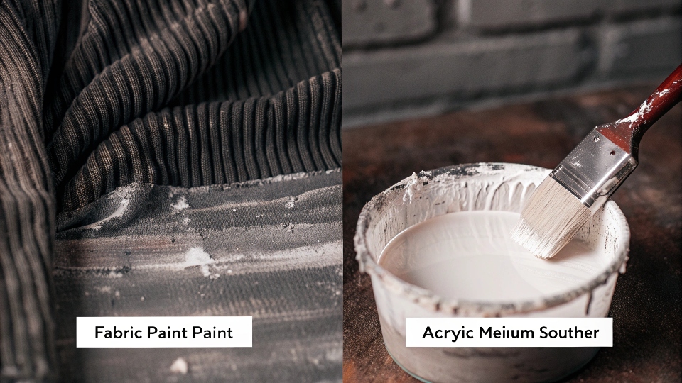 A split image showing the texture of fabric paint on the left and acrylic paint with medium on the right