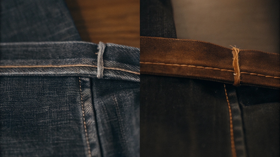 A close-up of a poorly stitched denim seam next to a perfectly stitched one