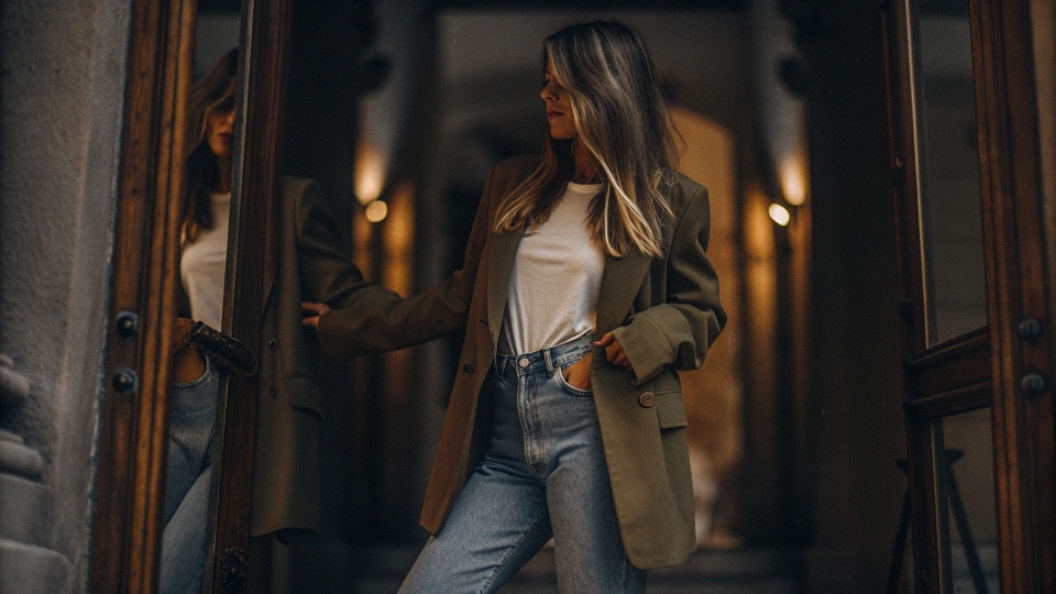 A woman looking effortlessly chic in an oversized khaki blazer, white t-shirt, and light-wash straight-leg jeans