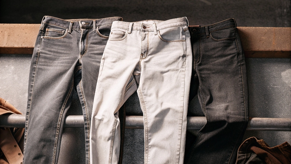 A collection of different men's jeans: classic, slim-fit stretch, and rugged workwear
