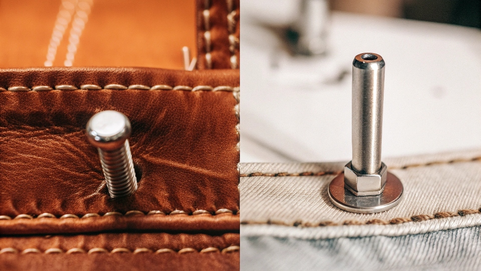 A side-by-side comparison of a metal rivet and a stitched bar tack on a jeans pocket