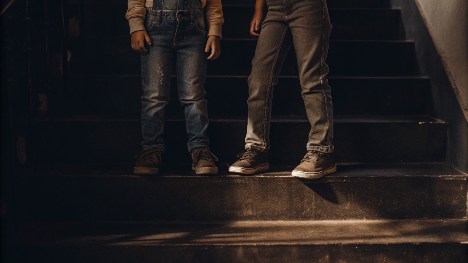 A side-by-side comparison of a pair of toddler jeans and a pair of teenager's jeans