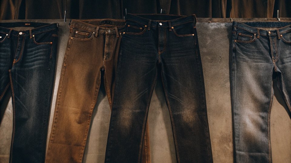 A lineup of jeans from dark indigo on the left to light, faded blue on the right