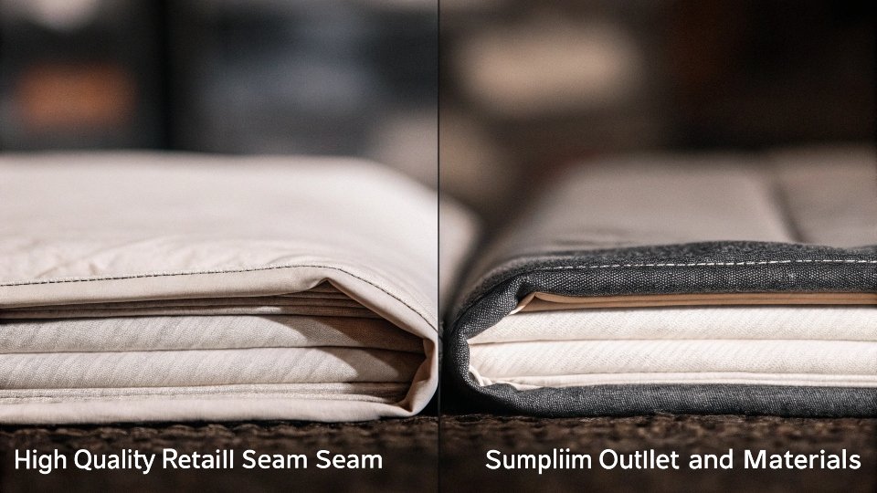 A magnified view of fabric and stitching, showing a high-quality retail seam versus a simpler outlet seam