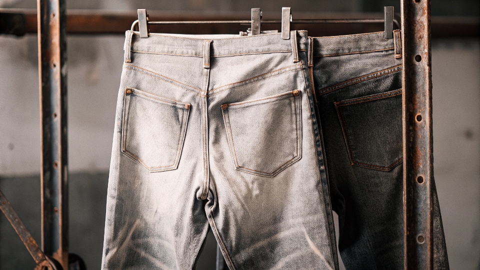 A pair of well-worn but still sturdy denim jeans hanging up