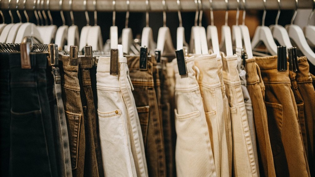 A clothing rack filled with stylish but cheaply-made H&M jeans