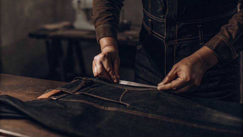 A tailor marking a new hemline on a pair of jeans with chalk