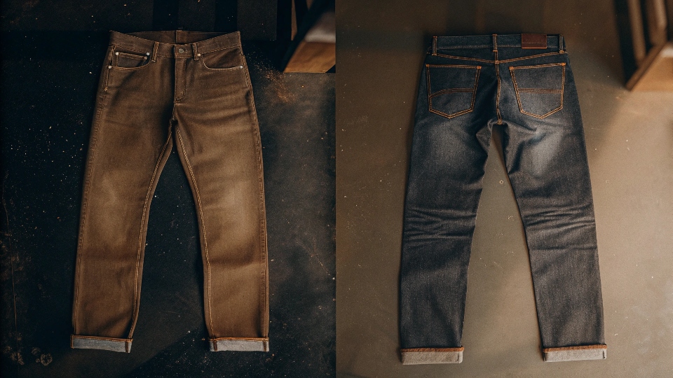 A split image showing a rigid 100% cotton jean on one side and a flexible stretch jean on the other
