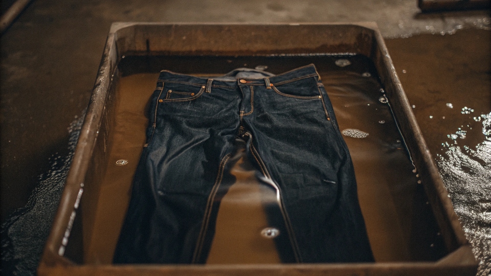 A pair of raw denim jeans being submerged in a tub of cold water