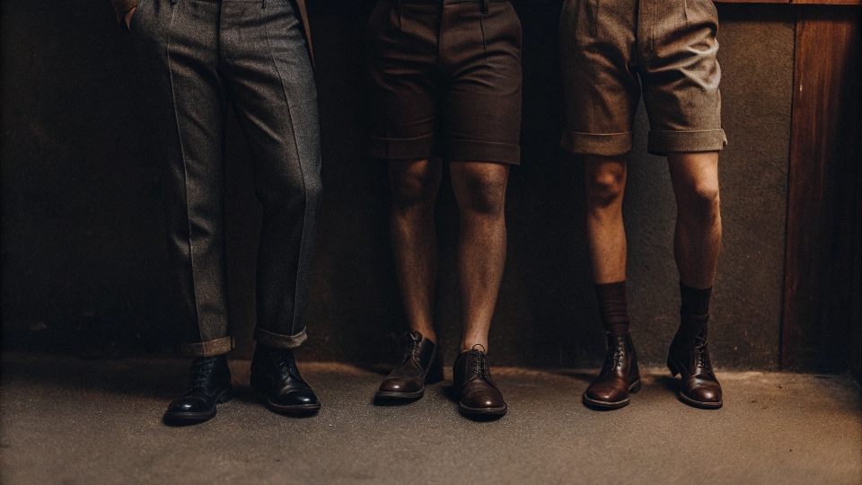 An image showing a pair of jeans, a pair of dress slacks, and a pair of shorts side-by-side