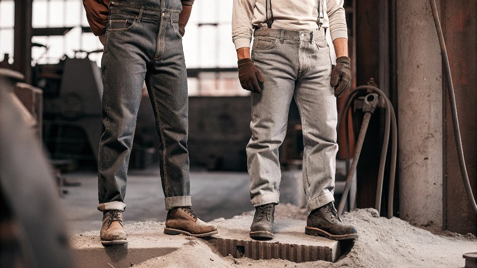 An old black-and-white photograph of miners wearing durable denim jeans for work.