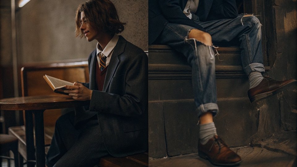 A split image showing a student in a neat uniform on one side and a student in ripped jeans on the other