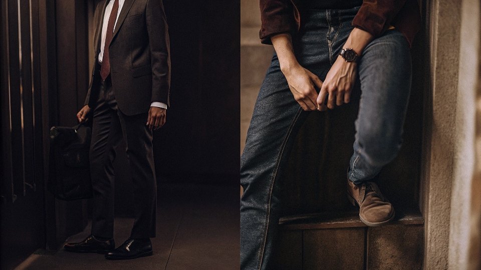 A split image showing a person in a business suit on one side and a person in casual jeans on the other