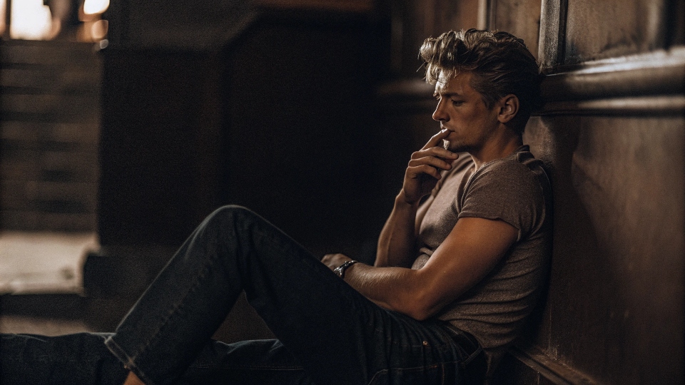 A classic black-and-white photo of James Dean in a t-shirt and jeans, leaning against a wall