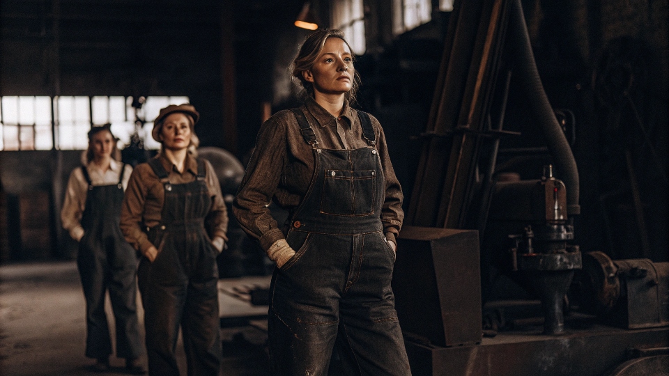 A black and white photograph of women working in a factory during WWII, wearing overalls and jeans
