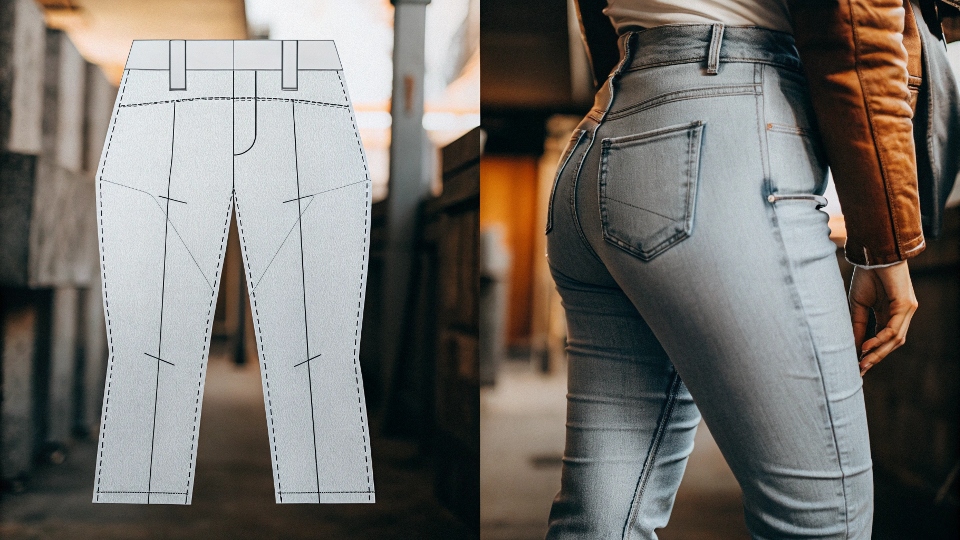 A split image showing the pattern outlines for men's and women's jeans