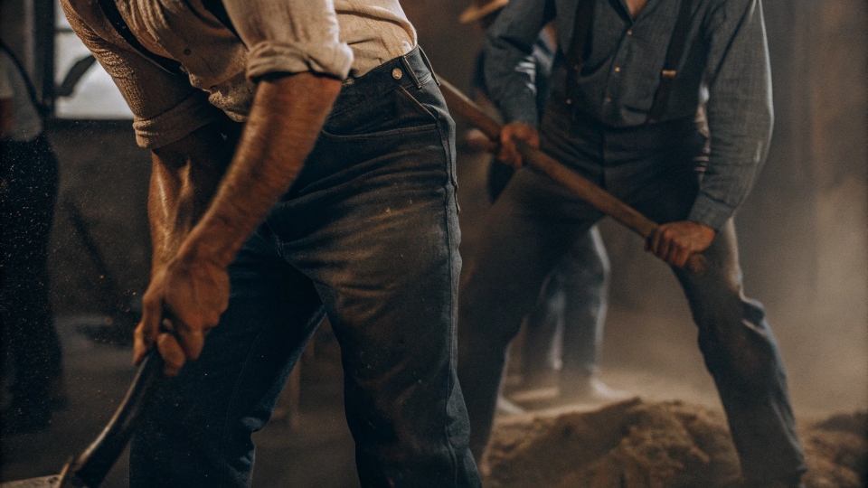 A black and white historical photo of male workers wearing early denim jeans