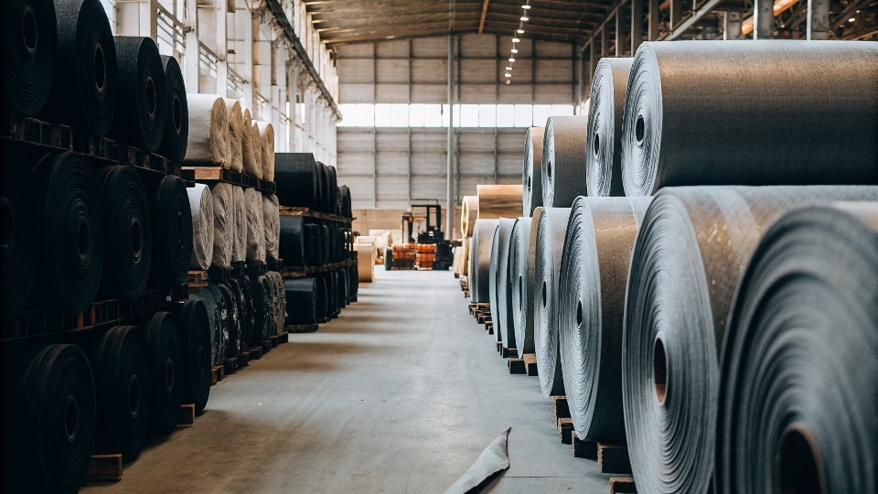 A vast warehouse stacked high with rolls of denim fabric, showcasing a large-scale manufacturing operation