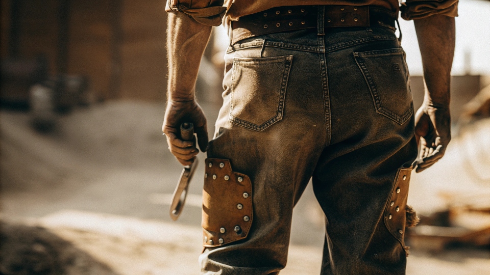 A vintage black-and-white photo of a miner from the 1800s wearing sturdy riveted denim pants