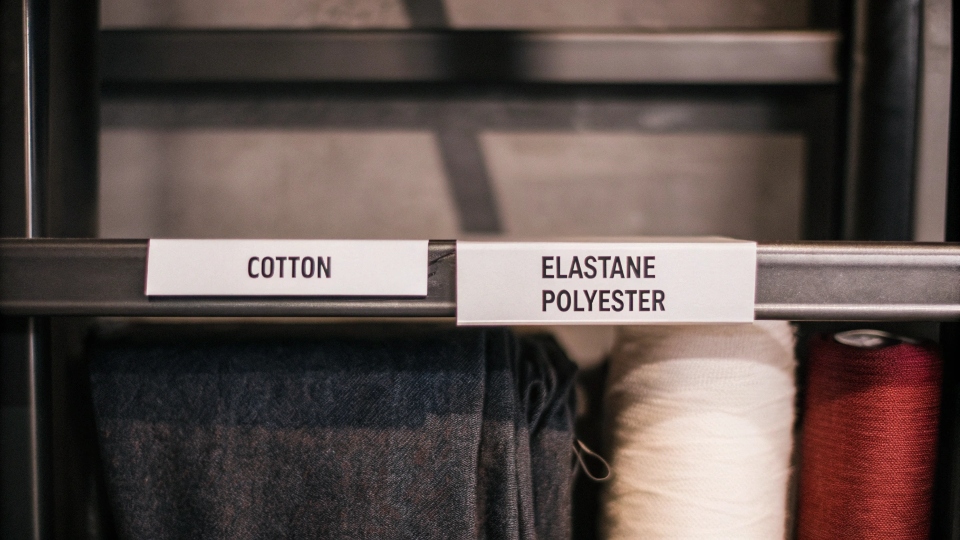A macro shot of denim fabric with a label showing its fiber content