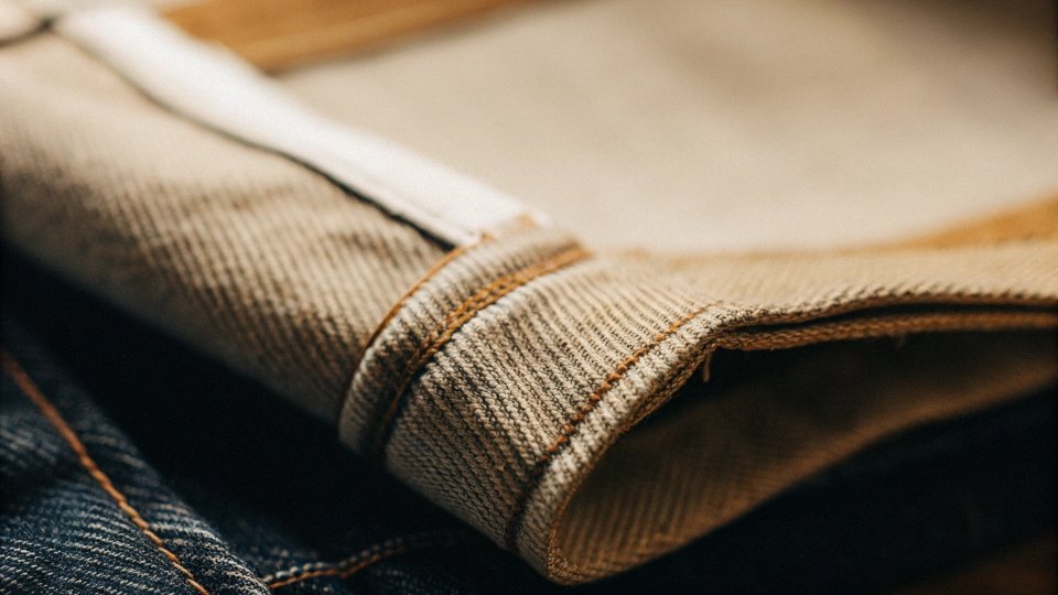A close-up of denim fabric showing the weave of cotton threads with a slight stretch
