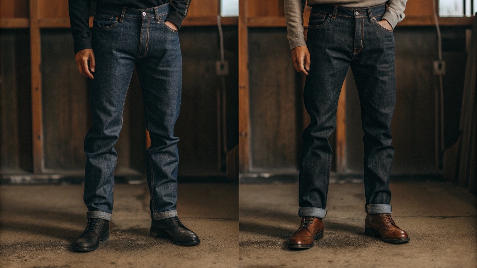A side-by-side comparison of a person in slim-fit stretch jeans and another in classic straight-leg 100% cotton jeans