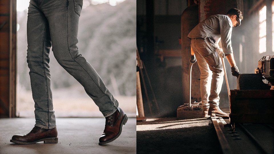 A split image showing a person comfortably traveling in knit jeans on one side, and a person doing rugged work in classic woven jeans on the other