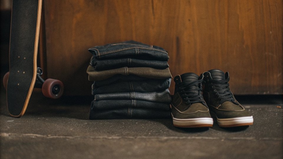 A pair of Nike SB jeans folded neatly next to a Nike skateboard and a pair of Nike SB sneakers