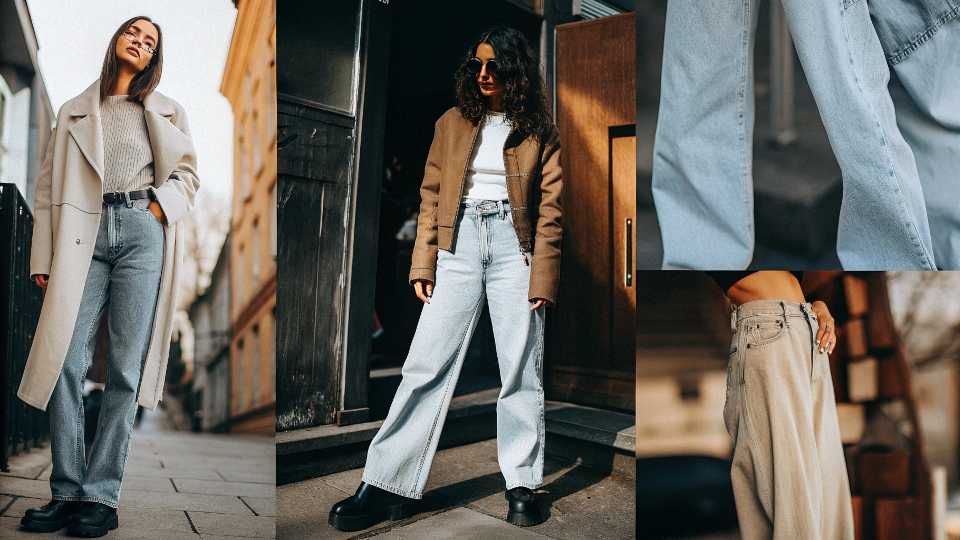 A fashion mood board for 2025 collections, prominently featuring various styles of baggy and relaxed denim.