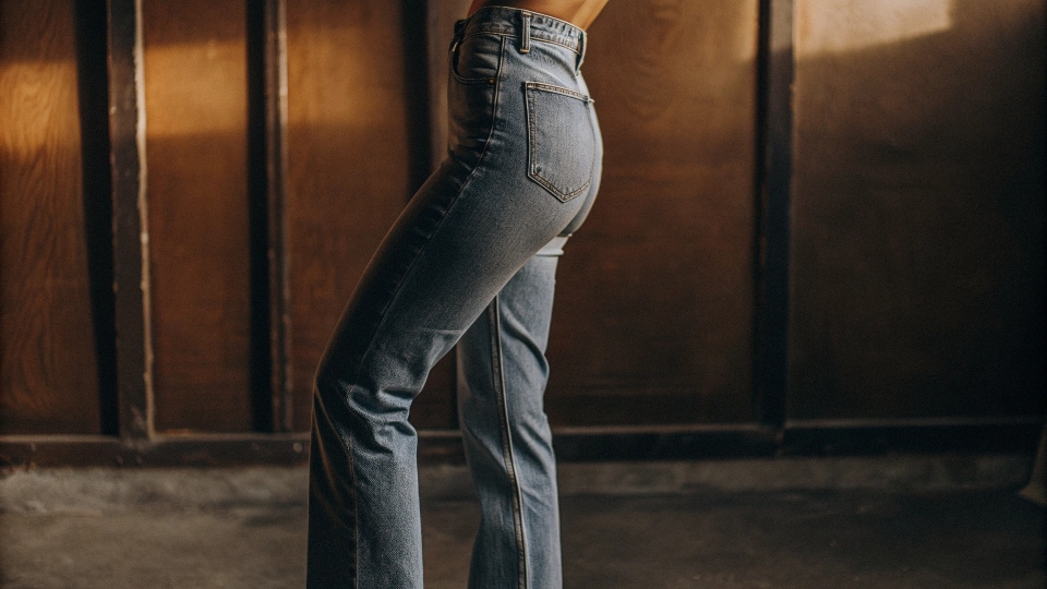 A person wearing a pair of perfectly fitting classic straight-leg jeans, showing the clean line from hip to ankle.