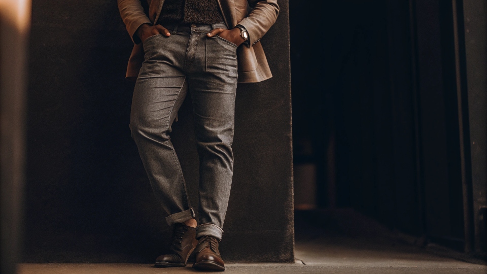 A stylish man confidently wearing modern, relaxed-fit jeans with a blazer